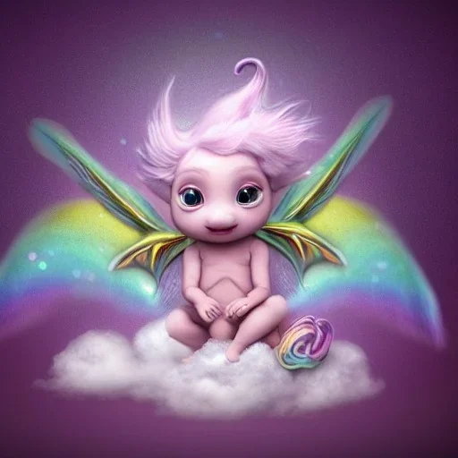 cute, adorable baby dragon with glittery scales, iridescent wings, and luminous eyes, sitting on a cloud of cotton candy, muted rainbow colors, intricate, fine detail, 8k, sharp, crisp, high-quality, 3d octane render, brian froud, howard lyon, selina french, anna dittmann, lisa parker, greg rutowski, alphonse mucha