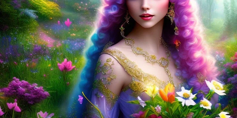 bright fairy, beautiful portrait, flowery landscape