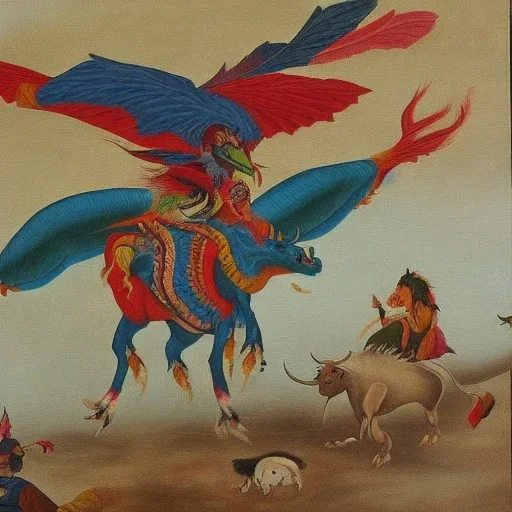 flying cows with wings fighting dragongs indian painting