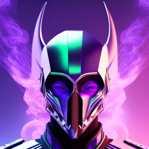 futuristic purple masked villain in galaxy, teal and purple smoke, detailed, realistic, 4k