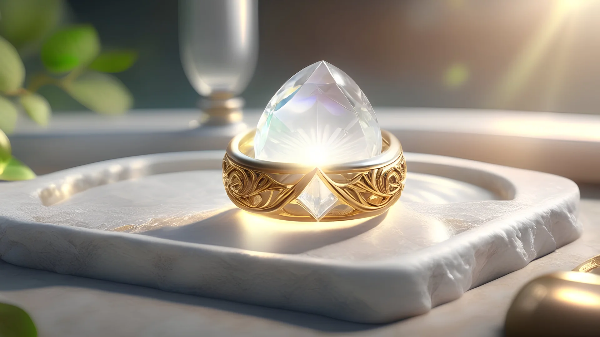 Photoreal magic ring of the elves on a marble slab radiating with light