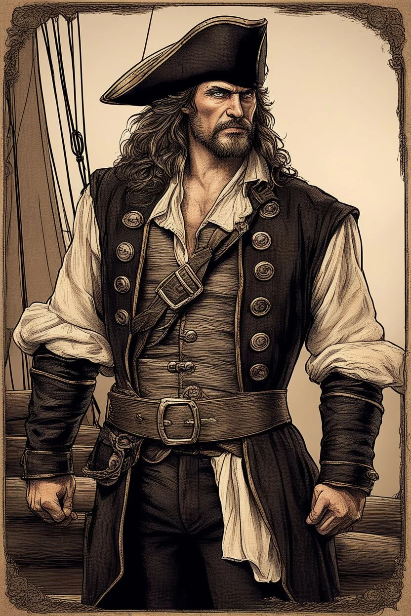 ,make a hero strong human, very realistic. Make it wearing a pirate dress standing by the ship stern
