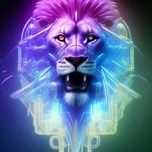 A beautiful portrait of a cyborg lion blue neon color scheme, high key lighting, volumetric light high details psychedelic background