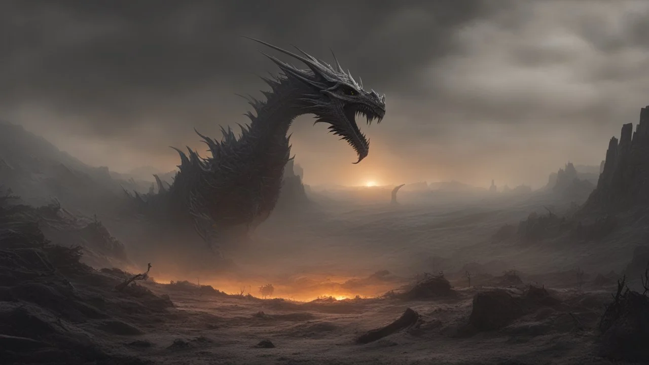 an apocalyptic flat landscape covered in dark gray dust. dead sun. zombie dragon. dark grey mist. seen from the ground. fantasy, horror. no trees