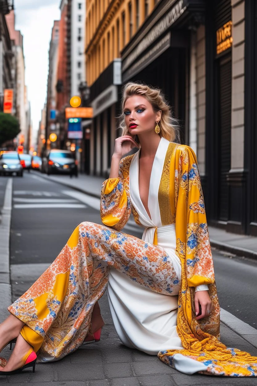 a supermodel in designer outfit sitting on street for magazine cover photoshoot