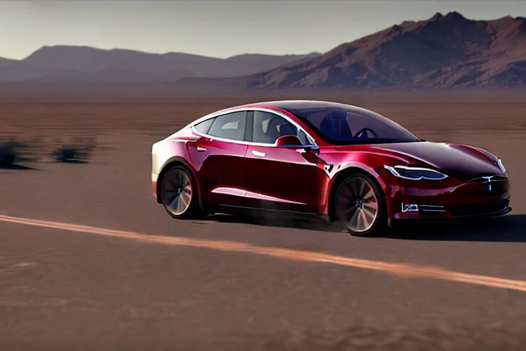 A Tesla 'Model S' is drifting at high speeds, in the Mojave Desert. (CINEMATIC, WIDE ANGLE LENS, PHOTO REAL)