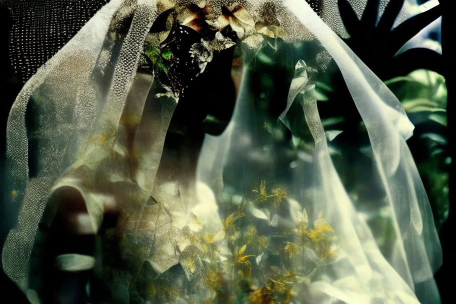 wedding, veil, flowers, blur 5%, double exposure, merged layers, in the first part (near to us) of the picture you can see a plain sandblown smoked glass, engraved with a folk art pattern, the glass is cracked in several places, in some places the glass is broken, crumpled burlap, through it you can see a tropical rainforest with a waterfall, mist, tooth, sunrise