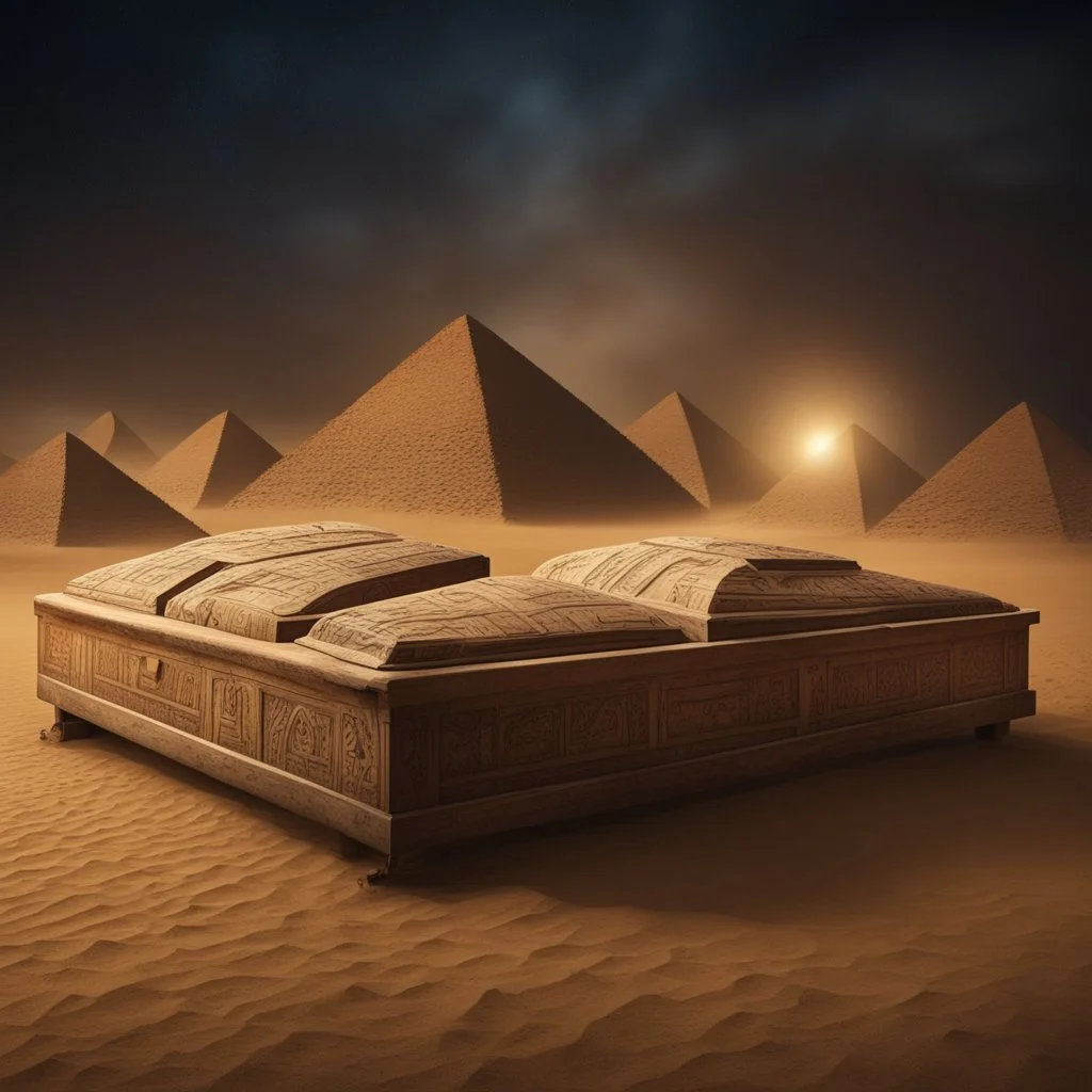 Hyper Realistic haunted view of Egyptian mummy coffins outside Pyramids with sandstorm at dark night