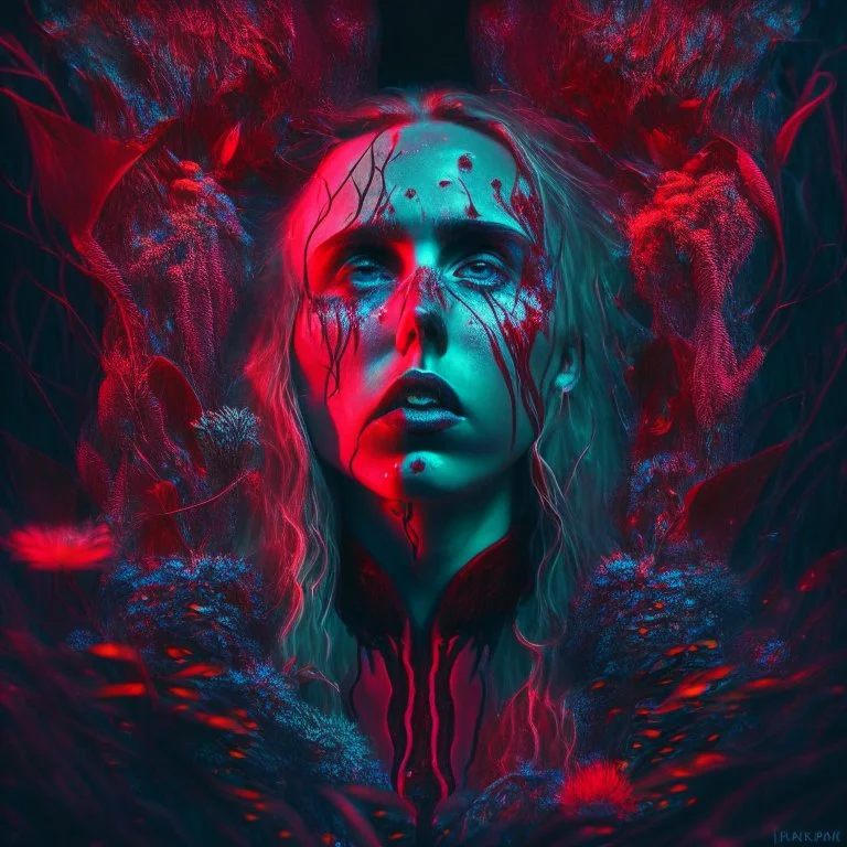 iridescent, Singer Danish MØ face, blood, futuristic, guts, wildflower, cosmic, intricate, darkred tones,sidhe, ominous, nature, plants,