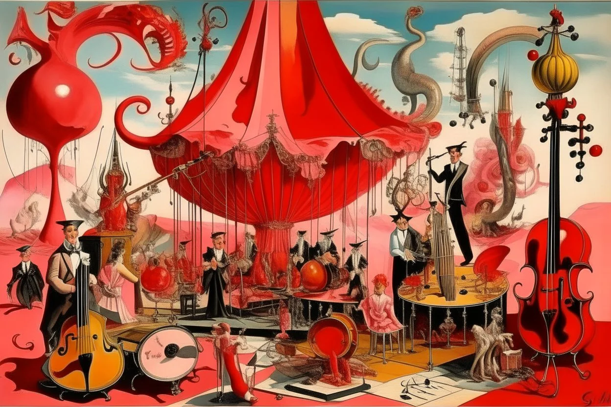 A pink circus made out of orchestra instruments painted by Salvador Dali