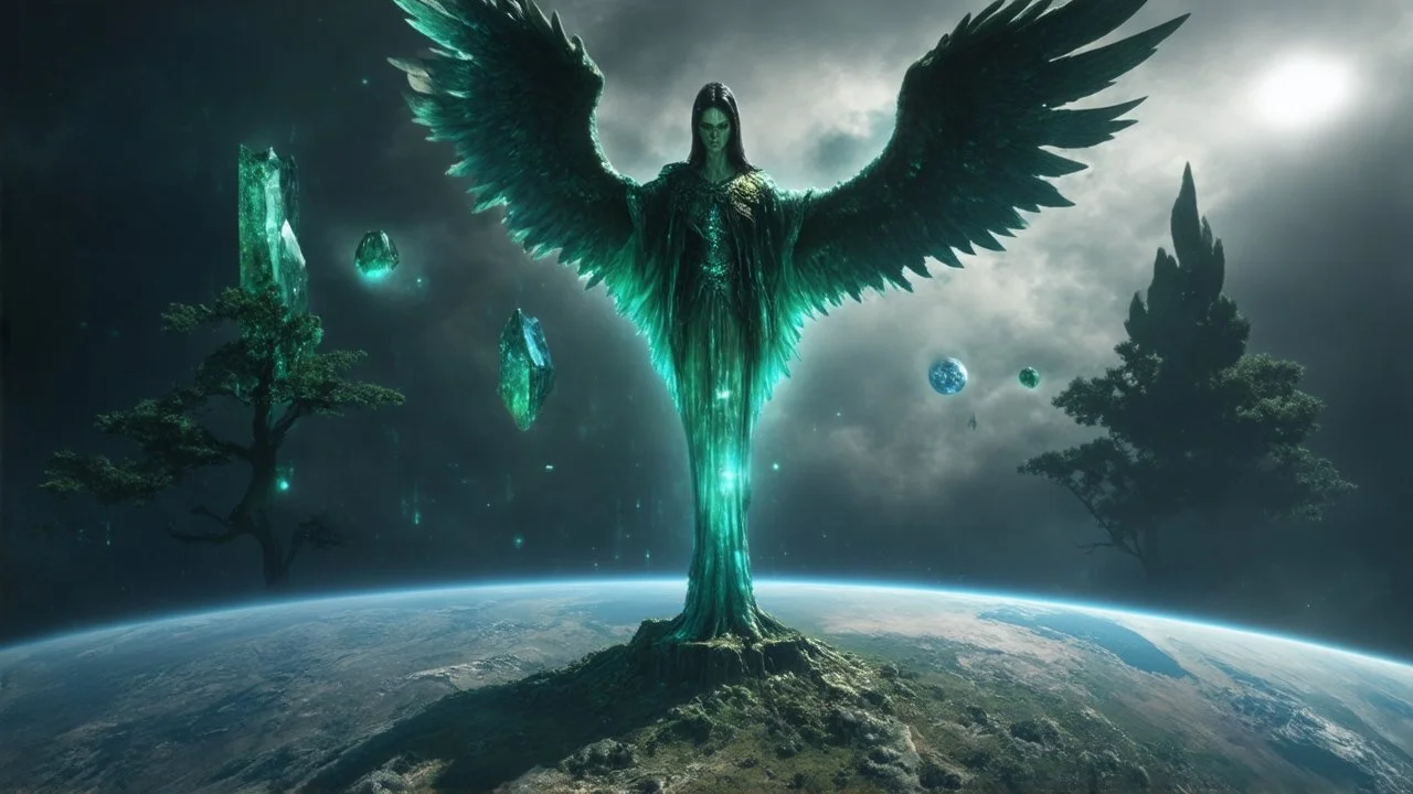 matrix universe, space, planets, god creation, angels from other dimensions with beautiful wings, trees on the planet, behind green crystals of light, few tiberium monolith deposits on the planet near tree,