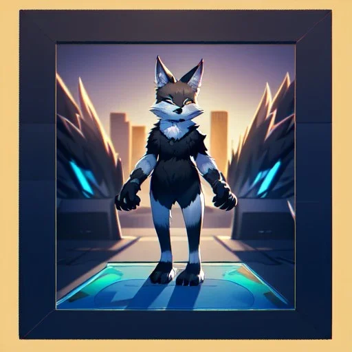 a fox fursona, darker colors, master quality, backlighting, soft lights, full body portrait, in frame, 8k, furry, fur, dark color pallet, robotic arm, cyberpunk, anthropomorphic, perfectly drawn face, well drawn paws, well drawn hands, furry hands