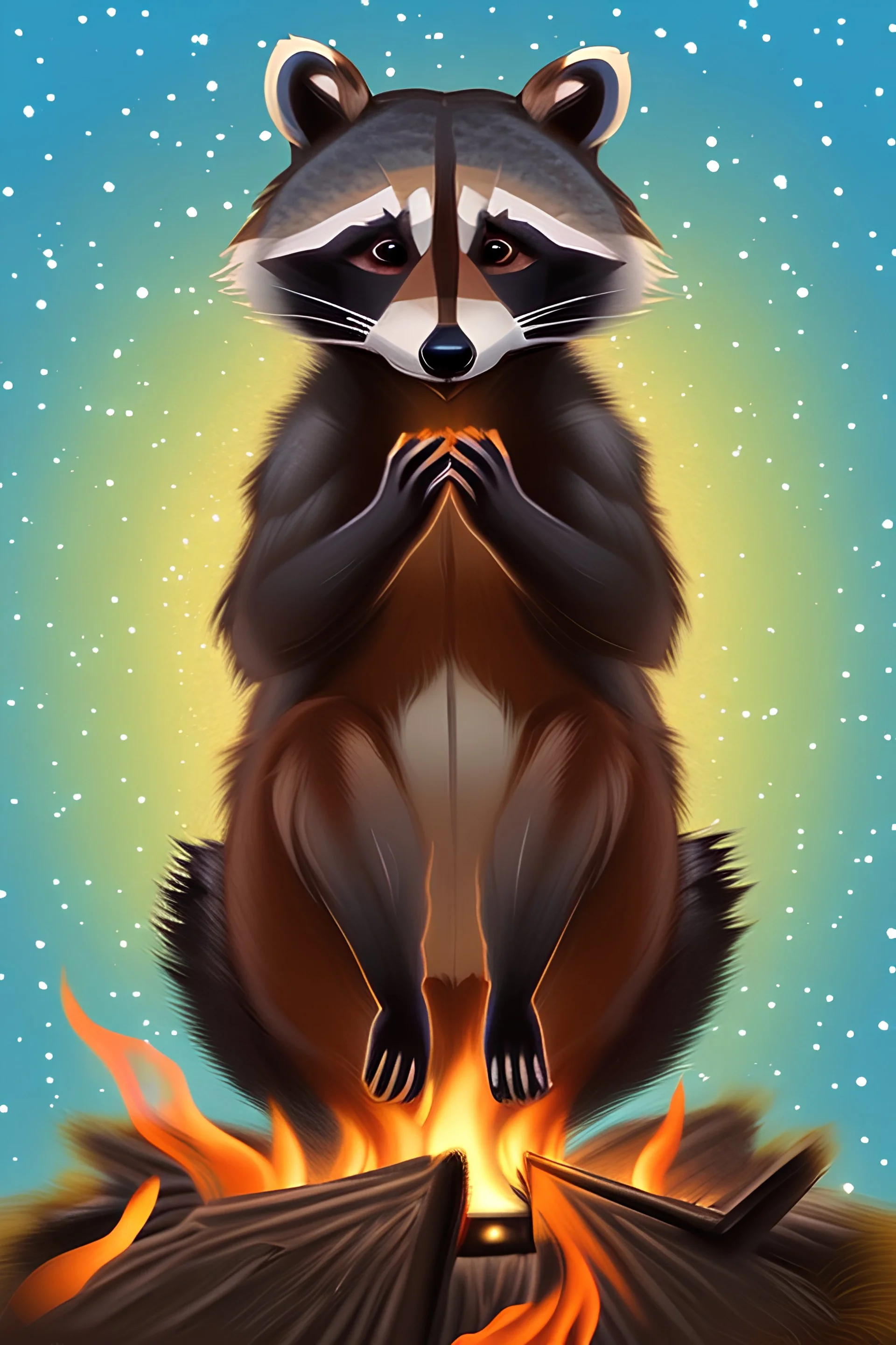 raccoon dancing with raccoon friends arounf a campfire digital art