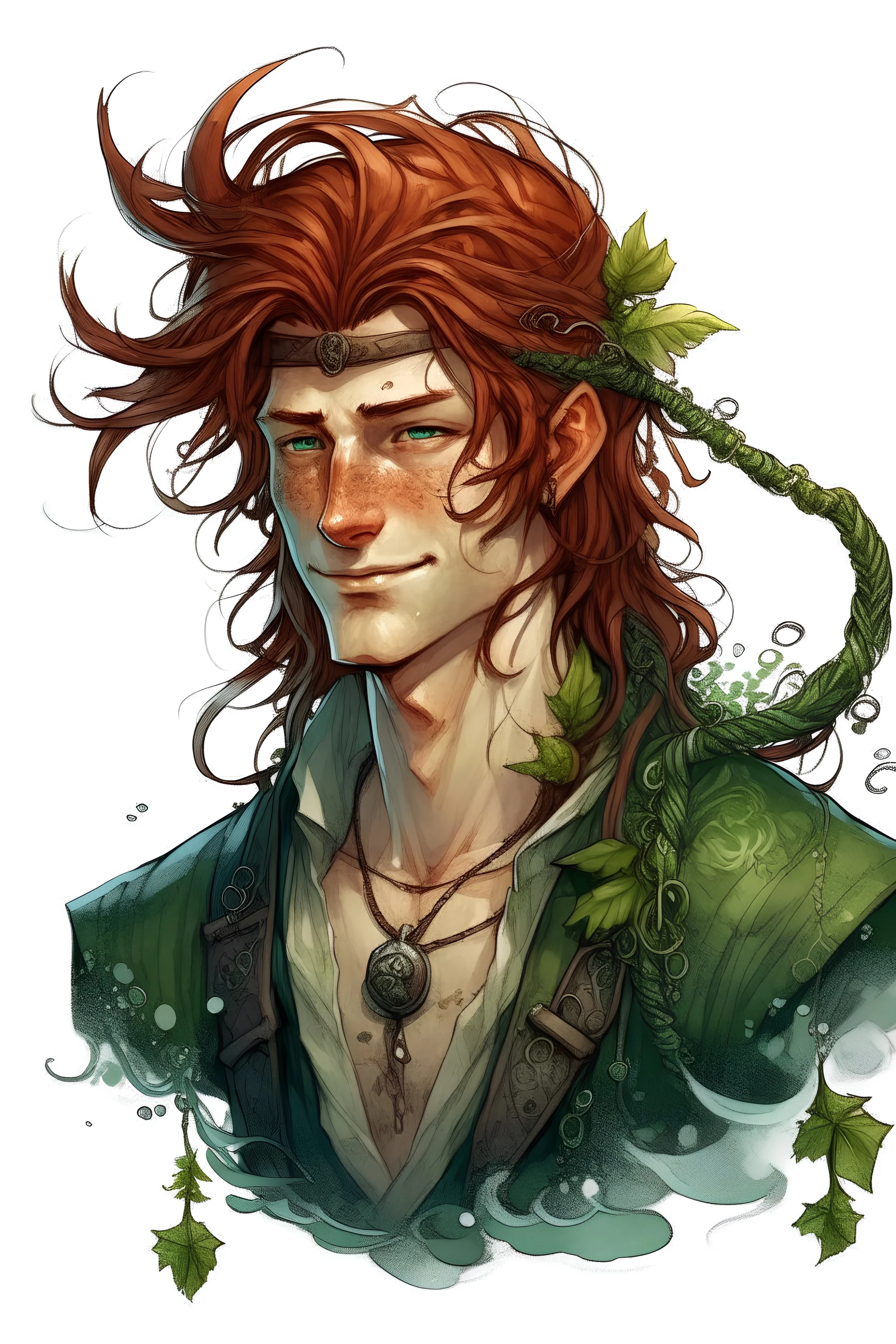 wet pirate nereid male with seaweed in auburn hair