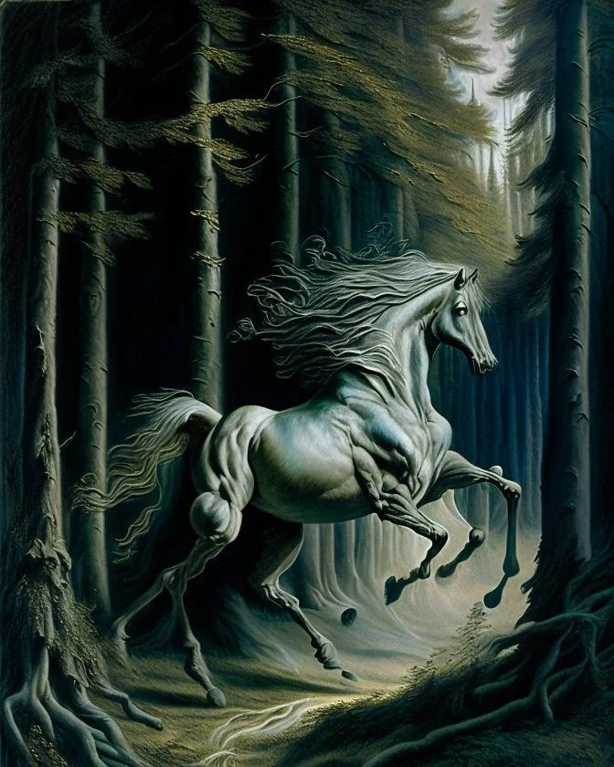 A centaur majestically galloping through the dense forest in the style of gustav dore, fantastical landscape, soft strokes , mythology portrait, classic painting