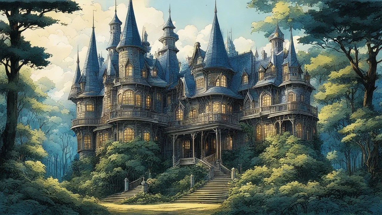 Beautiful vintage Victorian lovely castle in the forest in the lovely Illustration for beautiful fairy tale. Shows intricate lines and a detailed artistic style reminiscent of Yoshiyuki Sadamoto, Makoto Shinkai, and Yoji Shinkawa. With a victorian style The work should be done in watercolor and colored pencil, emphasizing the perfection and quality of the lines. A compelling, enticing image that captures the viewer's attention with its subtle, emotional details. Pictire made in pastel sofrt coll