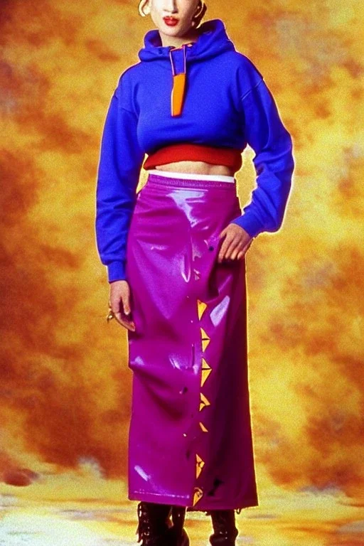 year 1996 fashion. Straight skirt, low waist. Combat hoodie with long tippet, which continues to the hood. Colors: denim blue, blue, purple, cream, khaki, "pastel green", lilac, plum, orange, terracotta, red, light yellow, pink, dark blue, beige. Latex in small part. Sturgeons vulgarism pattern prints.. Bridget Jones, Missy Elliot, Jennifer Lopez. Karjalainen kuvio, Karjala patterns tradiotional. Hat with a visor, integrated to AKG-style headphones.