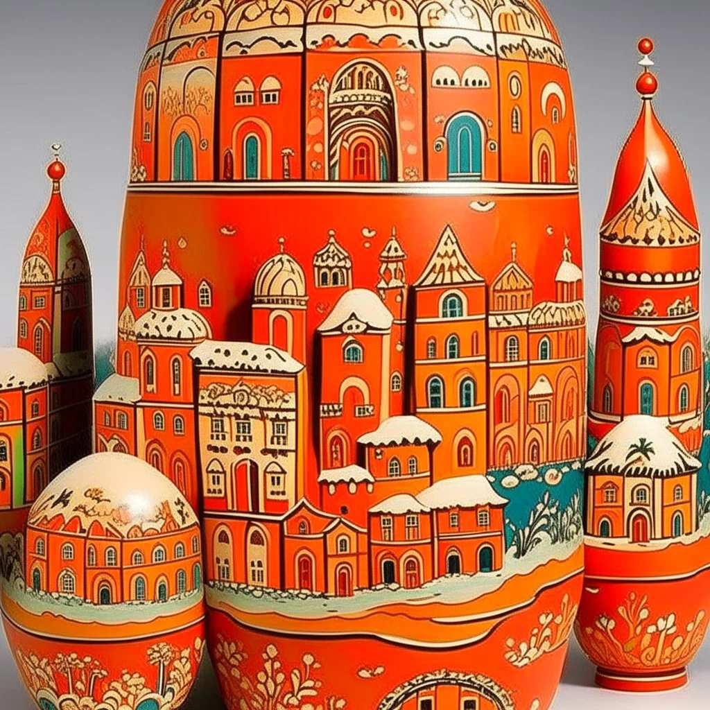 An orange colored snowy village designed in Matryoshka dolls painted by Michelangelo di Lodovico Buonarroti Simoni