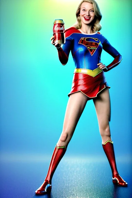 portrait, sweet blonde, make-up, happy, coca-cola drinking, Realistic image, retro pop, 60s, supergirl, tights minimal dress, sweat, Color background, photo studio, concept art, smooth, unreal engine 5, god lights, ray tracing, RTX, lumen lighting, ultra detail, volumetric lighting, 3d, finely drawn, high definition, 4k.
