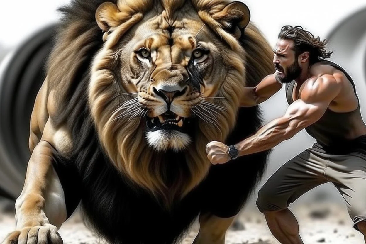 MAN FIGHTNG LION REAL LIFE PHOTO REASLISTIC