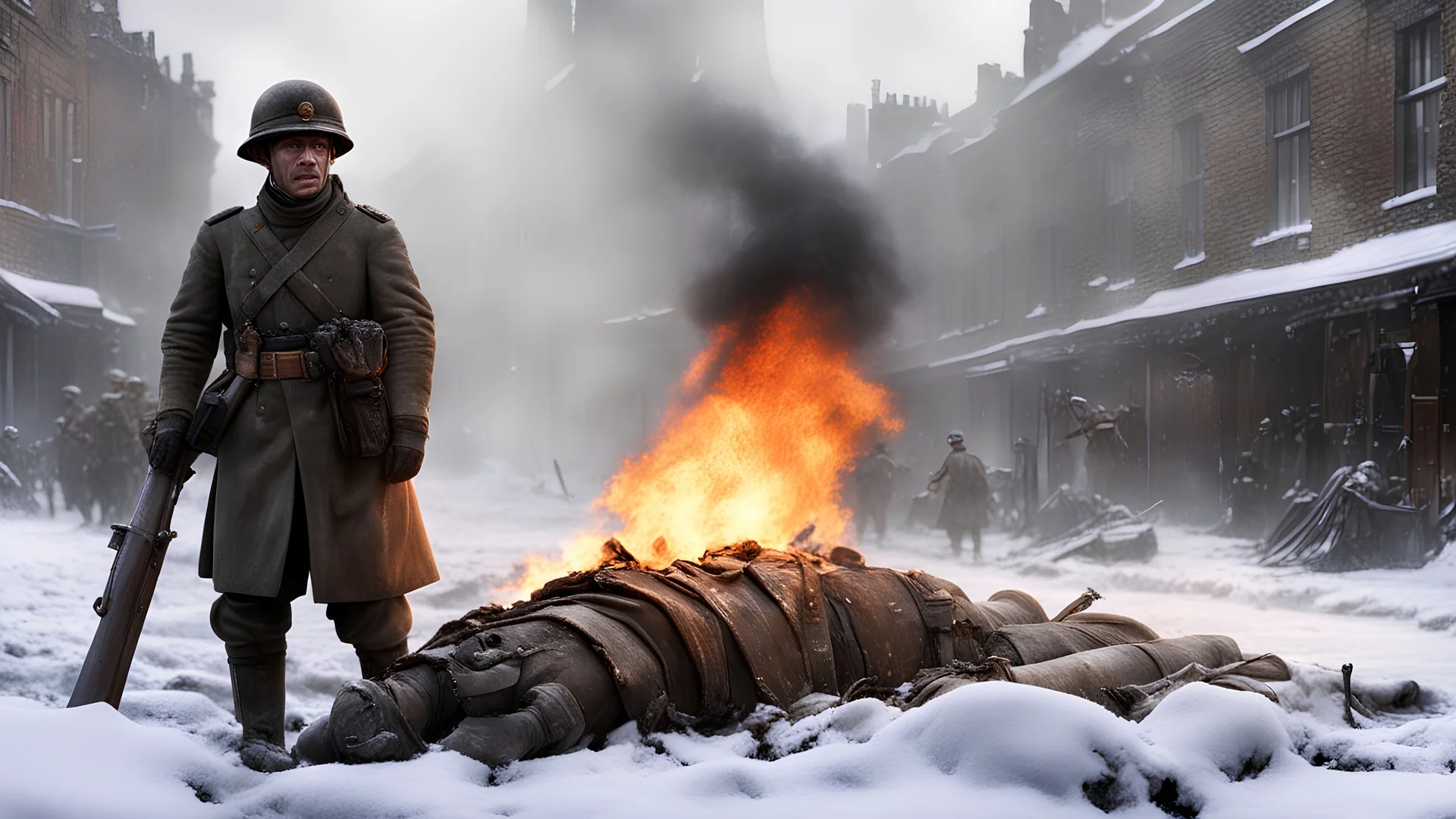 British soldier WORLD WAR ONE, CORPSE, BENT, DAMAGED ARTILLERY BESIDE HIM, , BURNING, UNIFORM, a snowy london street 1898, the snow, alien creature feeds on his corpse, , SNOW ON THE GROUND, BURNING DEBRI LIES ALL AROUND, PHOTO REALISTIC, EPIC, CINEMATIC