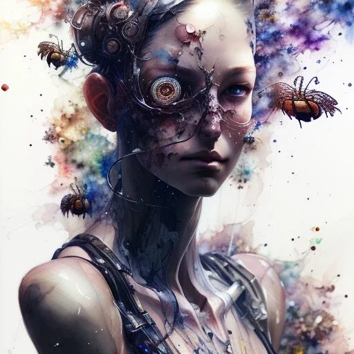 leaning pose, insects, nest, multiple eyes everywhere, watercolor illustration by <agnes cecile> <Yoji Shinkawa>,