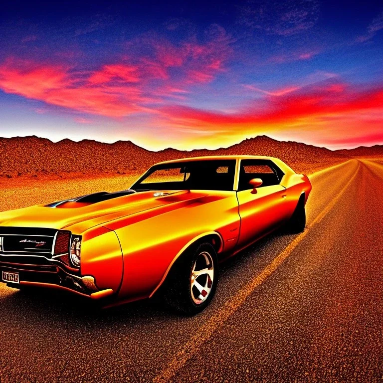 muscle car, desert road, sunset, full colour,