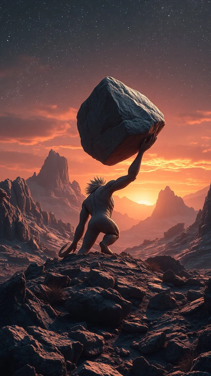 realistic photo of a landscape covered in granite that looks futuristic with futuristic lighting , a giant creature holding a big granite up