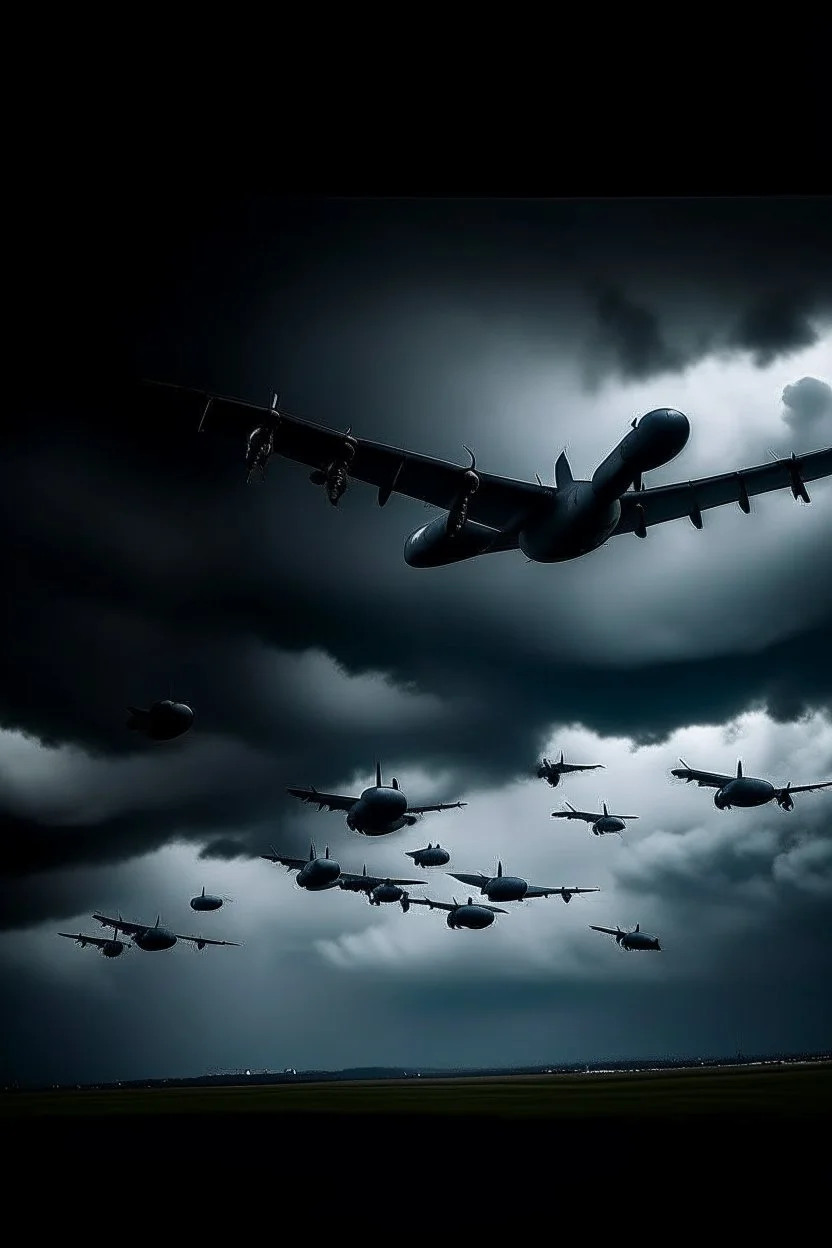 Look up in the The cloudy stormy sky above is filled with a lot of black Boeing B-52 Stratofortress