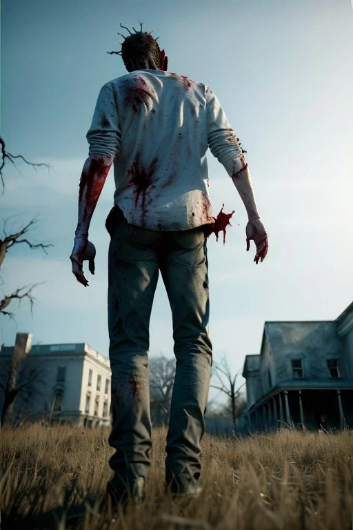 Ultra realistic image, joe biden zombie, zombie performance, blood, torn arm, night, walking twisted, waist up view, walking dead style, dark ambient, highly detailed, White House background, concept art, unreal engine 5, god rays, ray tracing, RTX, lumen lighting, ultra detail, volumetric lighting, 3d, finely drawn, high definition, high resolution.