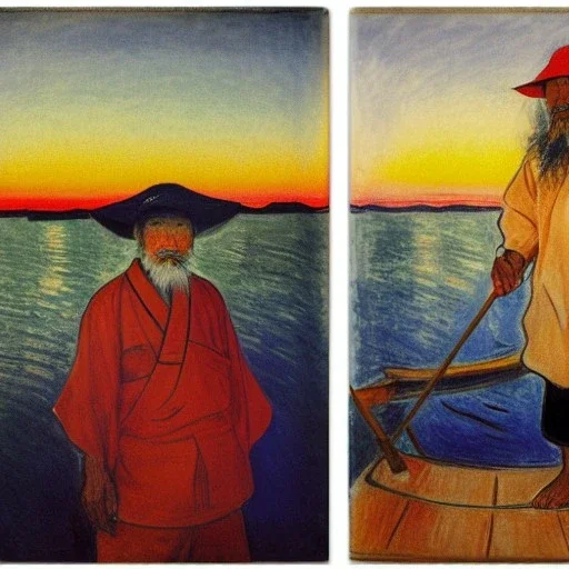 Portrait of OLd Japanese Fishermen, crane bird fishing , sunset, with long beard, on boat, wearing bucket hat, by edvard munch 8k