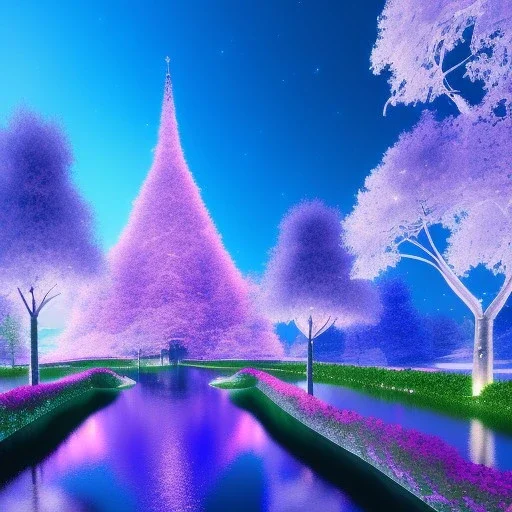 very beautiful crystal building , elegant, cascades, trees, atmospheric, realistic, cinematic lighting, pink blue light, 8k, galactic atmosphere, flowers