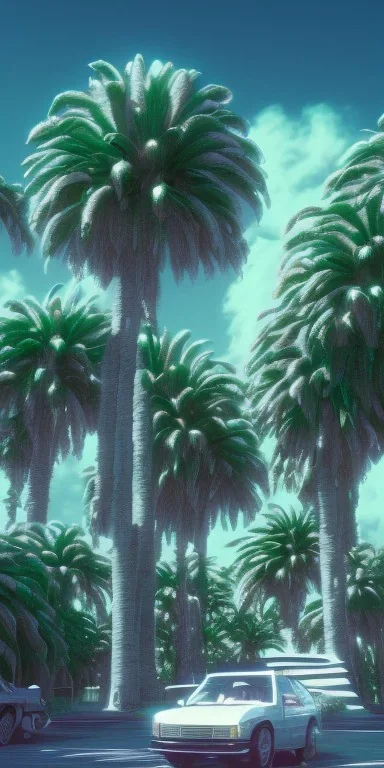 1980's aesthetic vaporwave curvy palm trees with spheres and ufo