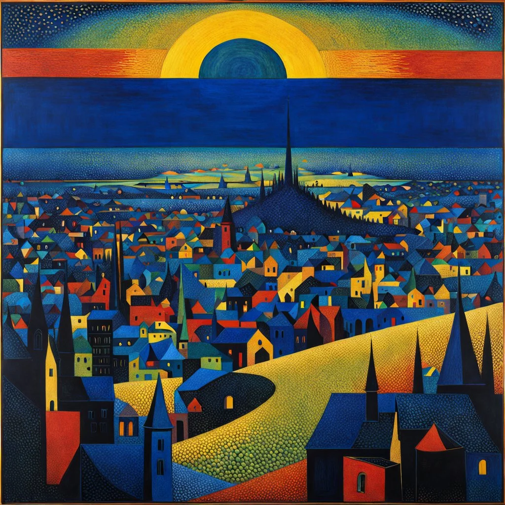 City with many colors, solchi e rilievi, dark blue decal pointillism Max Ernst