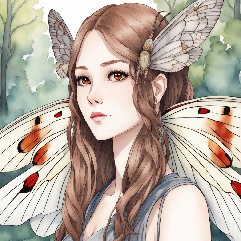 A close-up headshot of a woman with long brown hair, red eyes, fuzzy moth antennae, and Japanese Silk Moth moth wings on her back, watercolor, intricately detailed, high definition, 4k, anime, forest background