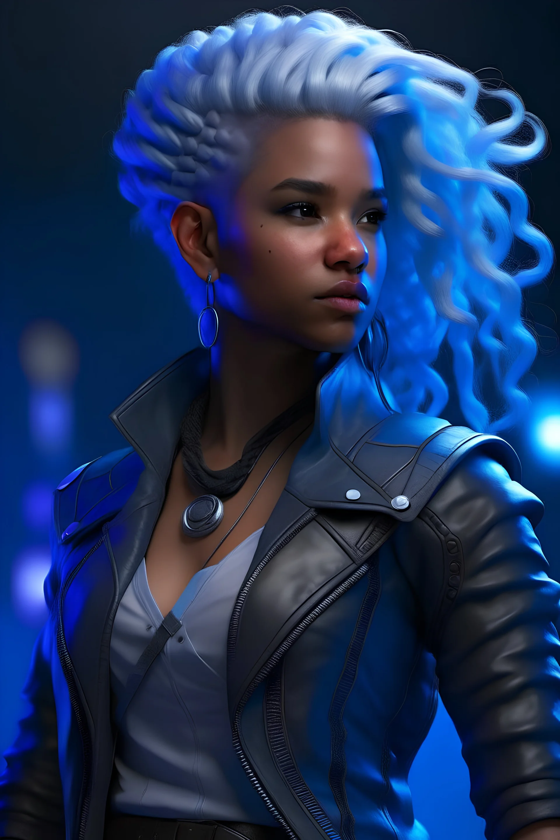 Female air genasi from dungeons and dragons, woman of color, wind like hair, librarian vibes, wearing hot leather clothing that also looks studded, light blue coloring, purple coloring, realistic, digital art, high resolution, strong lighting