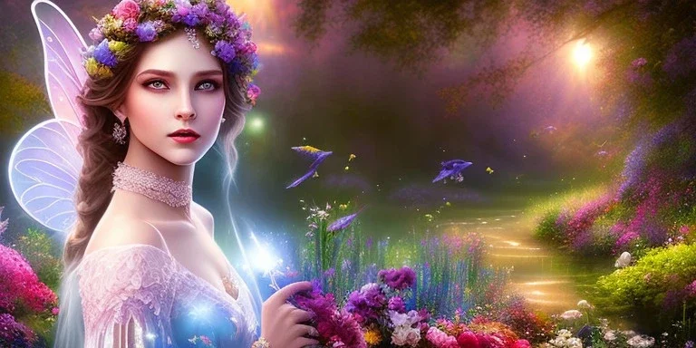 bright fairy, beautiful portrait, flowery landscape