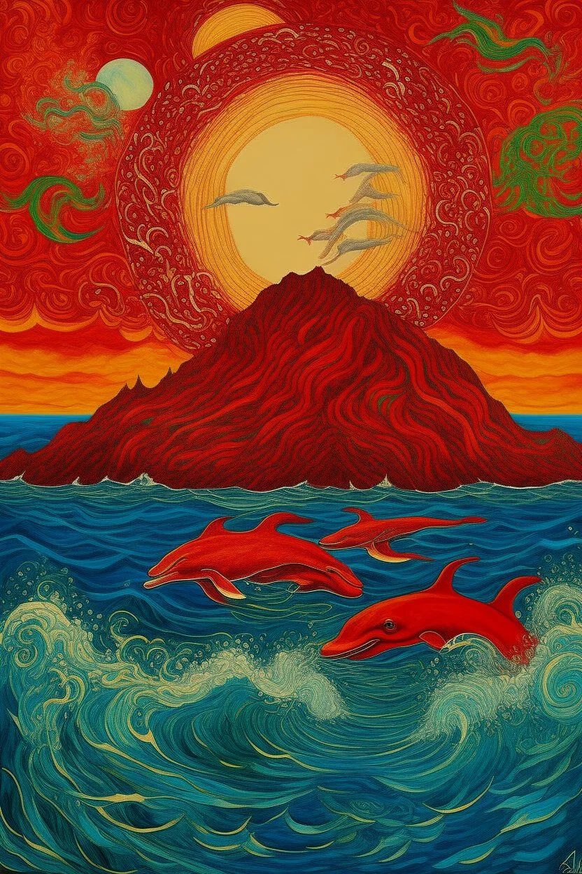 A red volcanic island with dolphins designed in Mehndi design painted by Vincent van Gogh