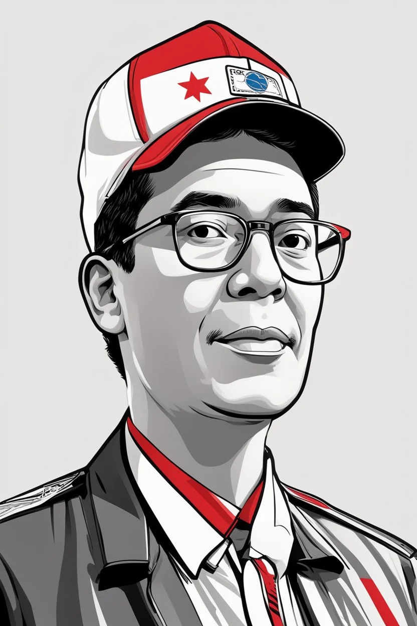 Ilustración estilo caricatura de Gustavo Petro presidente de Colombia, con gorra deportiva y camisa, colores contrastantes, rojo, negro y blanco