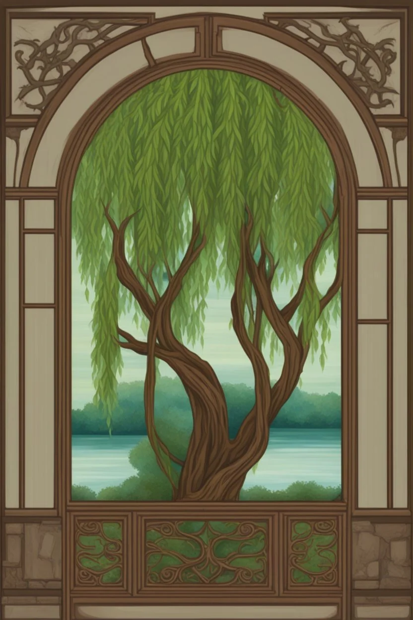 Colorful Logo of a pretty willow tree with long green hanging branches, standing outside a square window with an arch, emphasize the window and arch, serene tranquil background with a body of water.