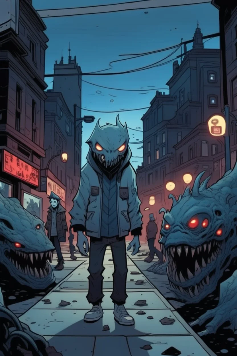 A black shadow wearing a light blue jacket, red eyes like a snake's eyes, and sharp teeth, standing on a terrifying street filled with strange creatures.