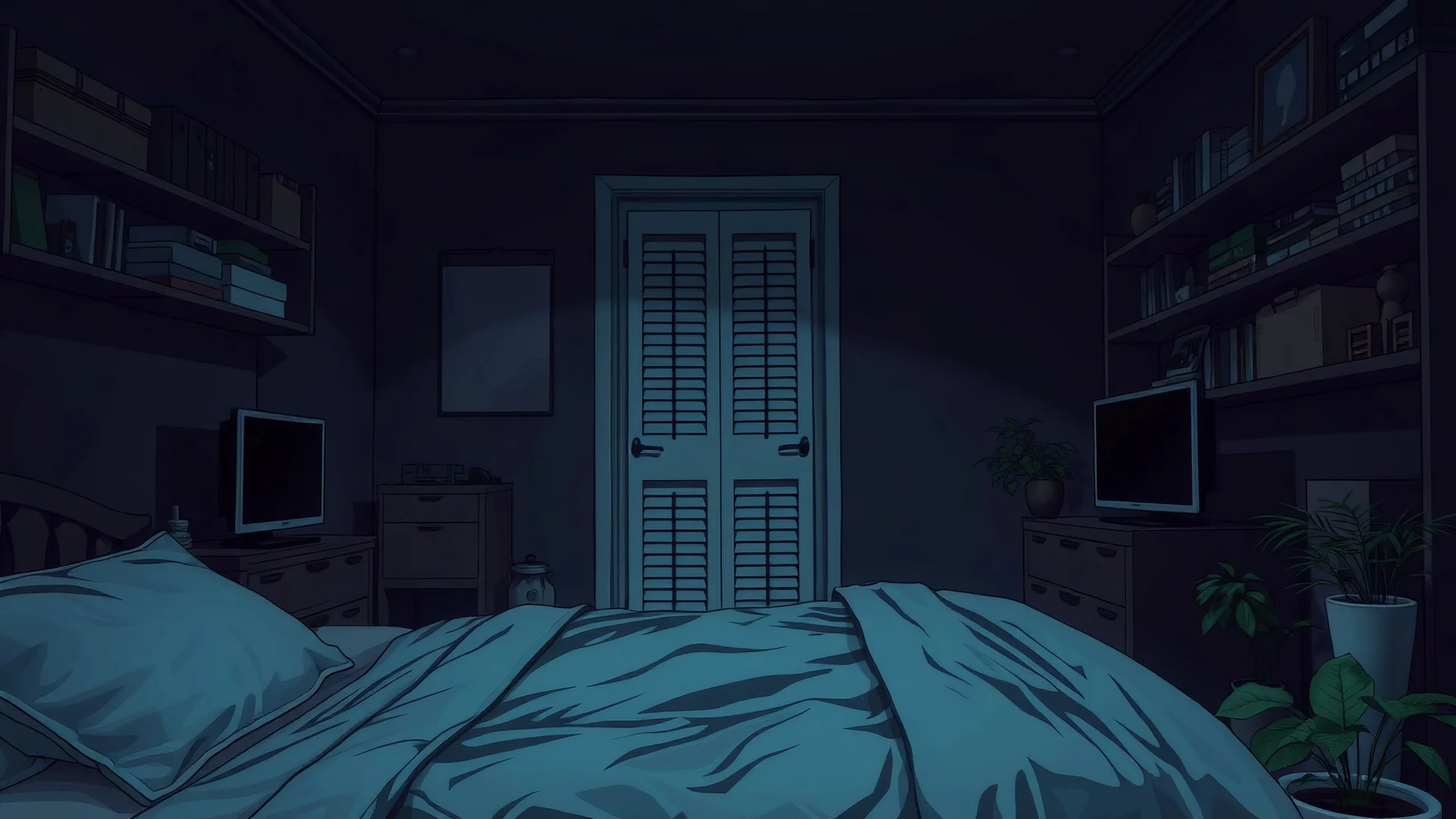 oblique angle, realist, dark colors, horror, mystery, Oblique angle, apartment, bedroom, graphic adventure, interactive game, visual novel, semi realistic, background, FULL COLOR, Minimalistic ,color, boxes, shelves, closed door, closet, television, computer, bed, pillow, duvet, blanket ,window, shutters, plants, pots