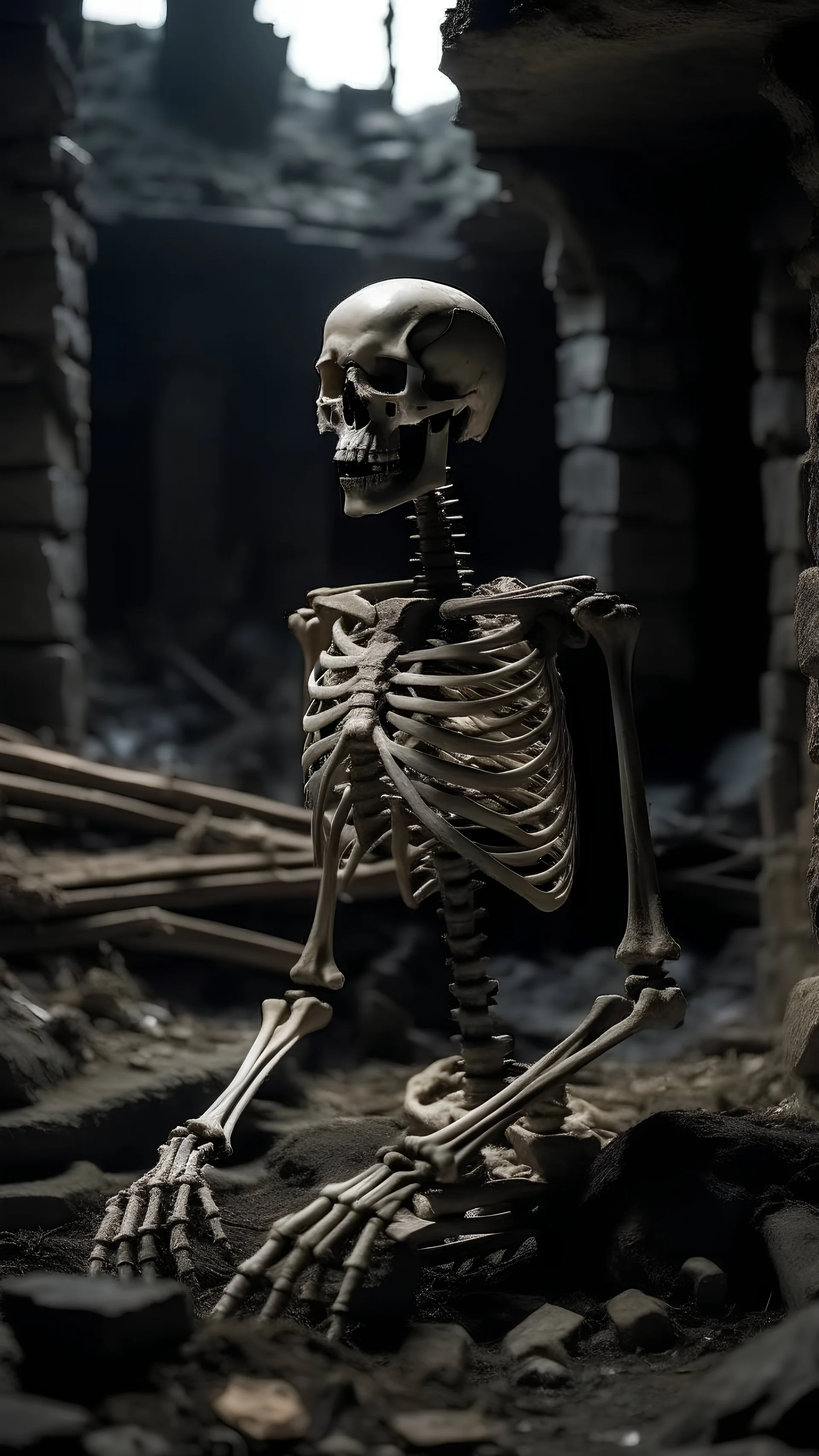 human skeleton remains among the ruins in dark