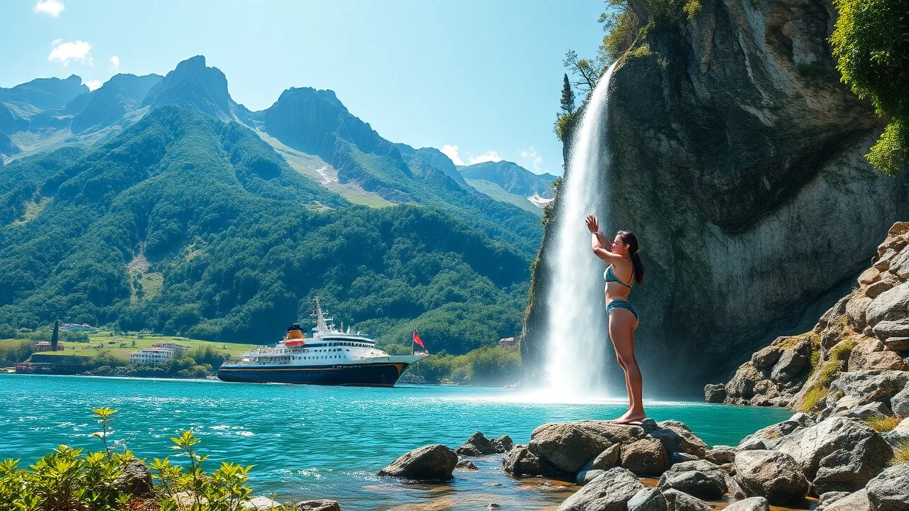 a picturesque natural landscape that includes majestic mountains and a serene countryside. Additionally, incorporate details about a stunning, large waterfall that enhances the beauty of the scene. The output should be structured as a narrative, painting a clear image with rich, descriptive language that evokes the sights and sounds of this beautiful environment water fall falls to a big sea with modern ship in it.a fullbody lady inOne Piece - Athletic Swimsuit