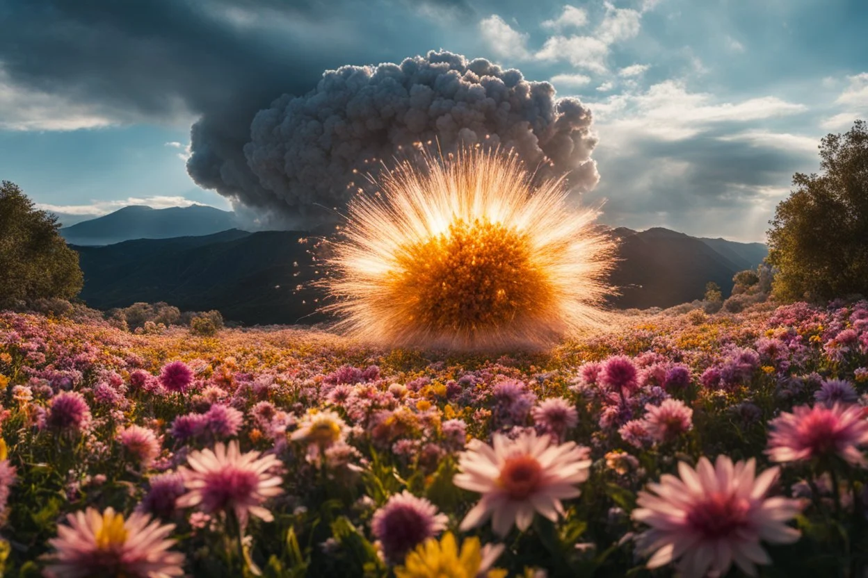 Atomic explosion, made of flowers, ULTRA REALISTIC, details, intricate detail, professional lighting, film lighting, 35mm, anamorphic, lightroom, cinematography, bokeh, lens flare, film grain, hdr10, 8k, Roger Deakins, incredibly detailed, reflect, sharpen