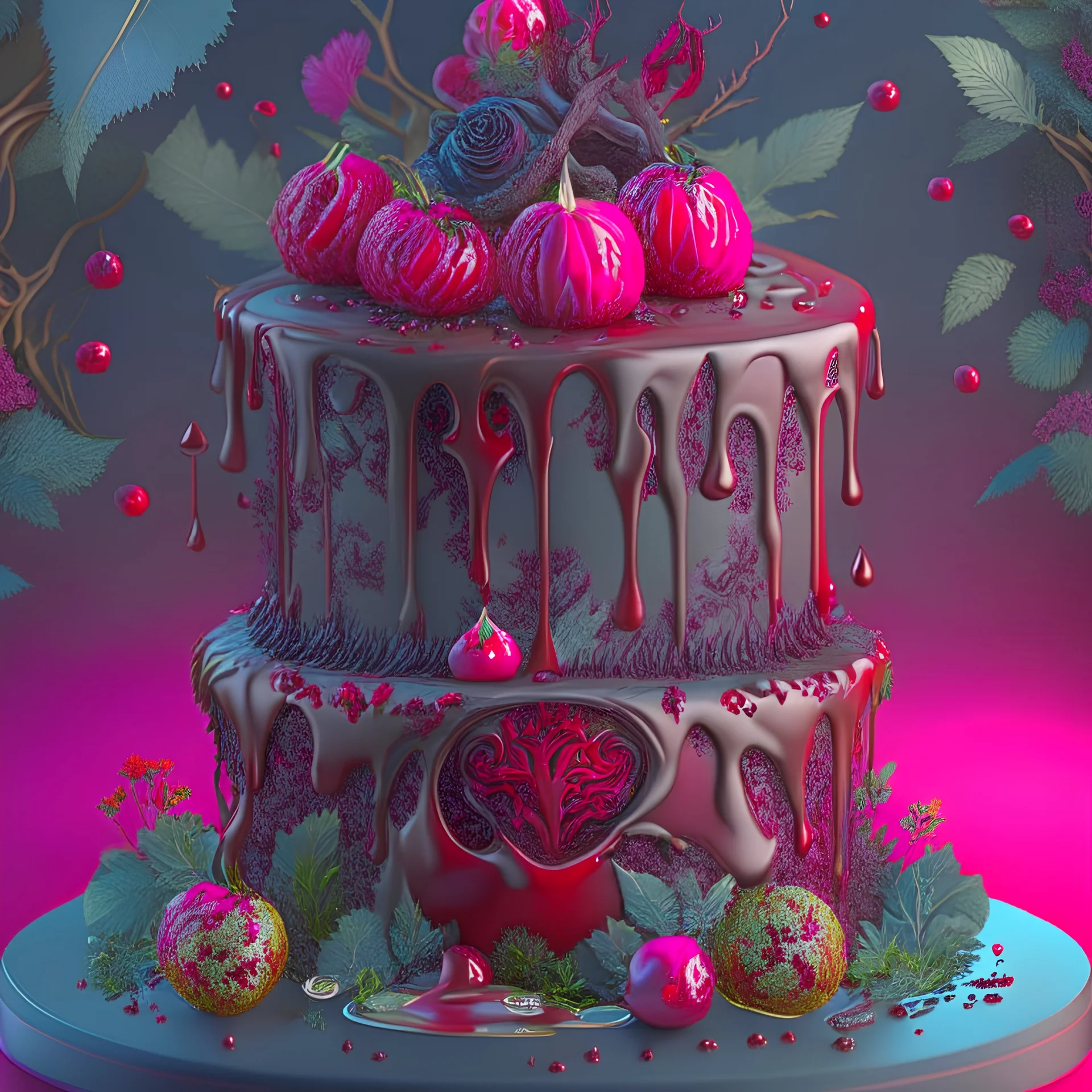 killer cake, blood, guts, intricate, darkred tones, nature, plants, ultra-detailed, iridescent, intricate shadows, Octane render, hyper-realistic, 8K, intricate textures, subsurface scattering,