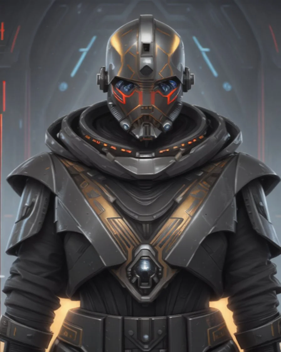 star wars bald male corellian jedi wearing gunmetal grey and black old republic armored flightsuit with gold and metallic red trim inside the jedi temple, centered head and shoulders portrait, hyperdetailed, dynamic lighting, hyperdetailed background, 8k resolution, volumetric lighting, light skin, fully symmetric details