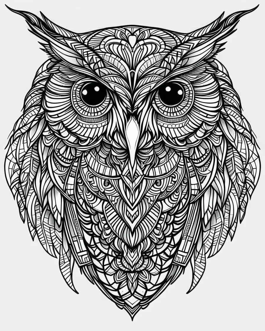 symetrical owl tattoo, coloring book page, clean line art, adults drawing book, Black and white only, crisp black lines, sharp lines, coloring page for adults, black and white picture, lots of details, tattoo style,tattoo ideas, full body, without shadows and colors