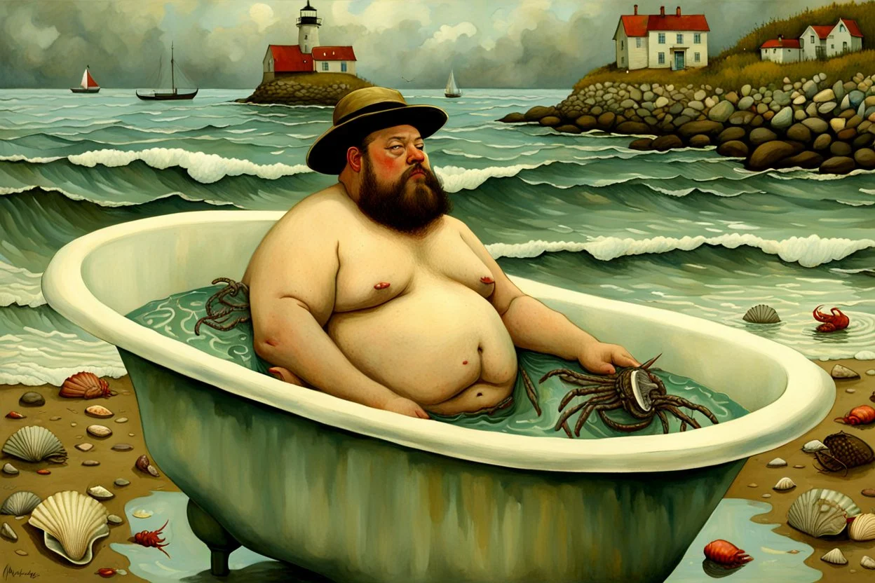 A fat man wearing a hat, is in a bath tub, by a light house, by andrea kowch, holding a umbrella, inspired by andrew wyeth. A rustic harbour, with ships docked is nearby. The Beach is covered with sea shells, crabs and lobsters.There are rain clouds and everything looks as if done in watercolors victo ngai, matisse, monet, catrin welz-stein, vladi