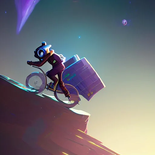 A raccoon astronaut riding a rainbow bike on a mission to gather space trash, jumping over asteroids as he goes.